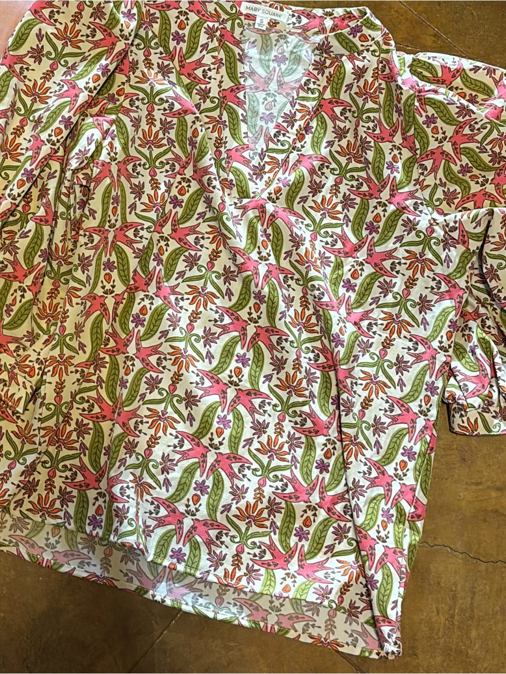 Mary Square Pink & Green Floral V-Neck Women's Blouse